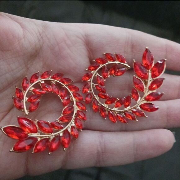 Red Gold Plated Crystal Leaves Swirl Earrings - Picture 1 of 5
